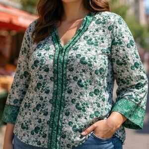 Chicos Green Floral Embellished Blouse Sheer 3/4 Sleeve Sequin Top Size 3 XL 16